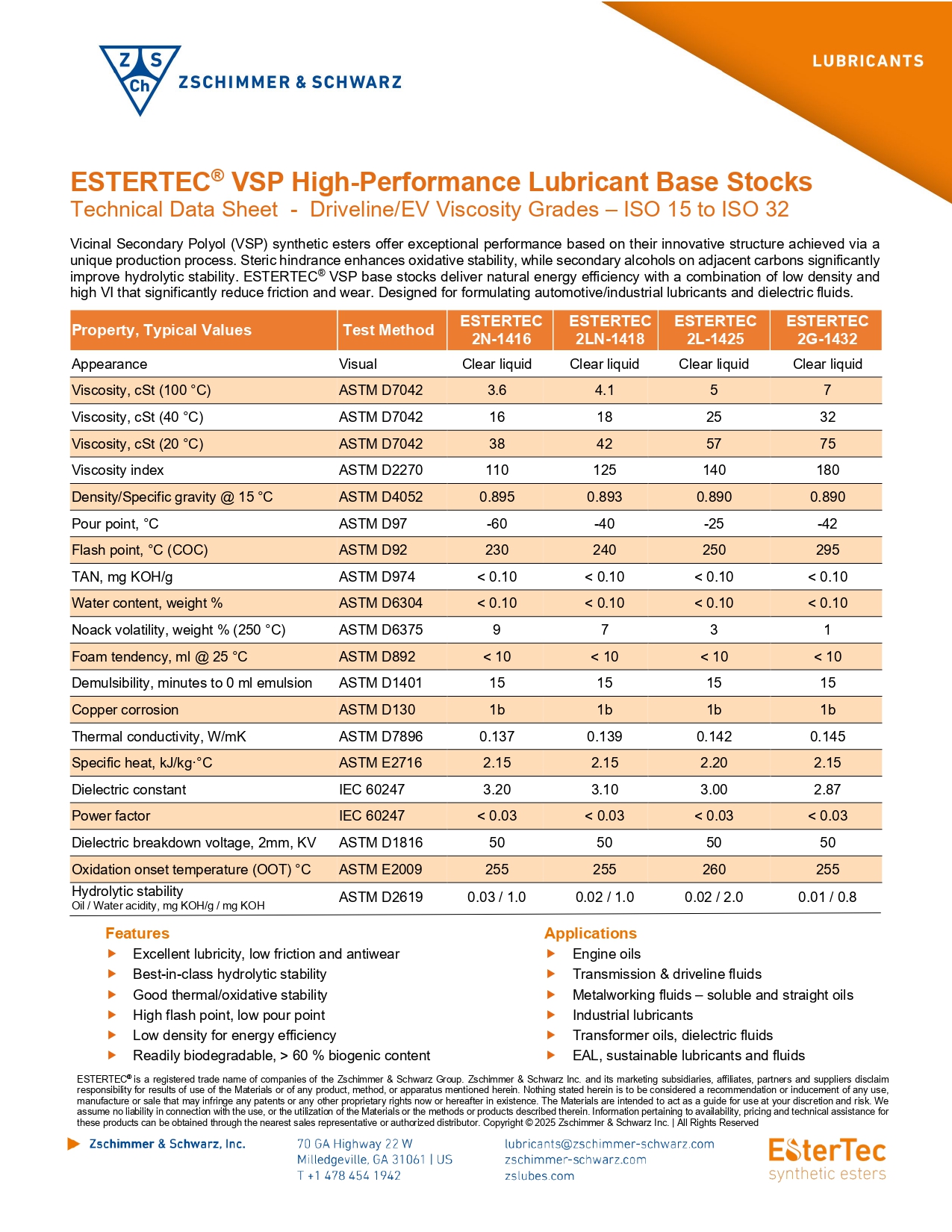 ESTERTEC® TDS Driveline/EV Viscosity Grades ISO 15 to ISO 32